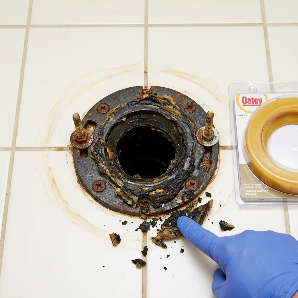 Failed wax ring showing water seepage at the base of a toilet in a Sherman, TX home